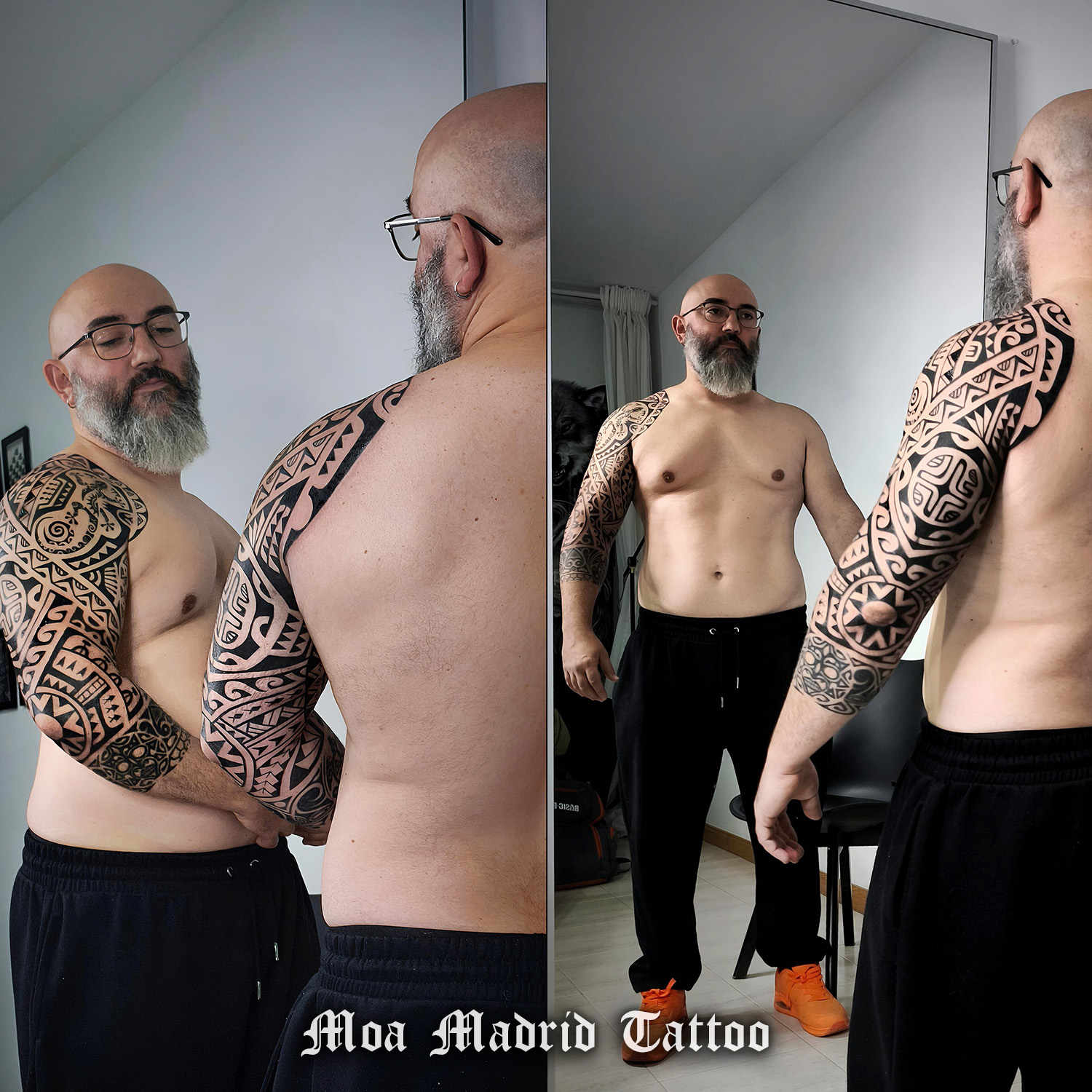 Brazo tatuado estilo polinesio en Madrid