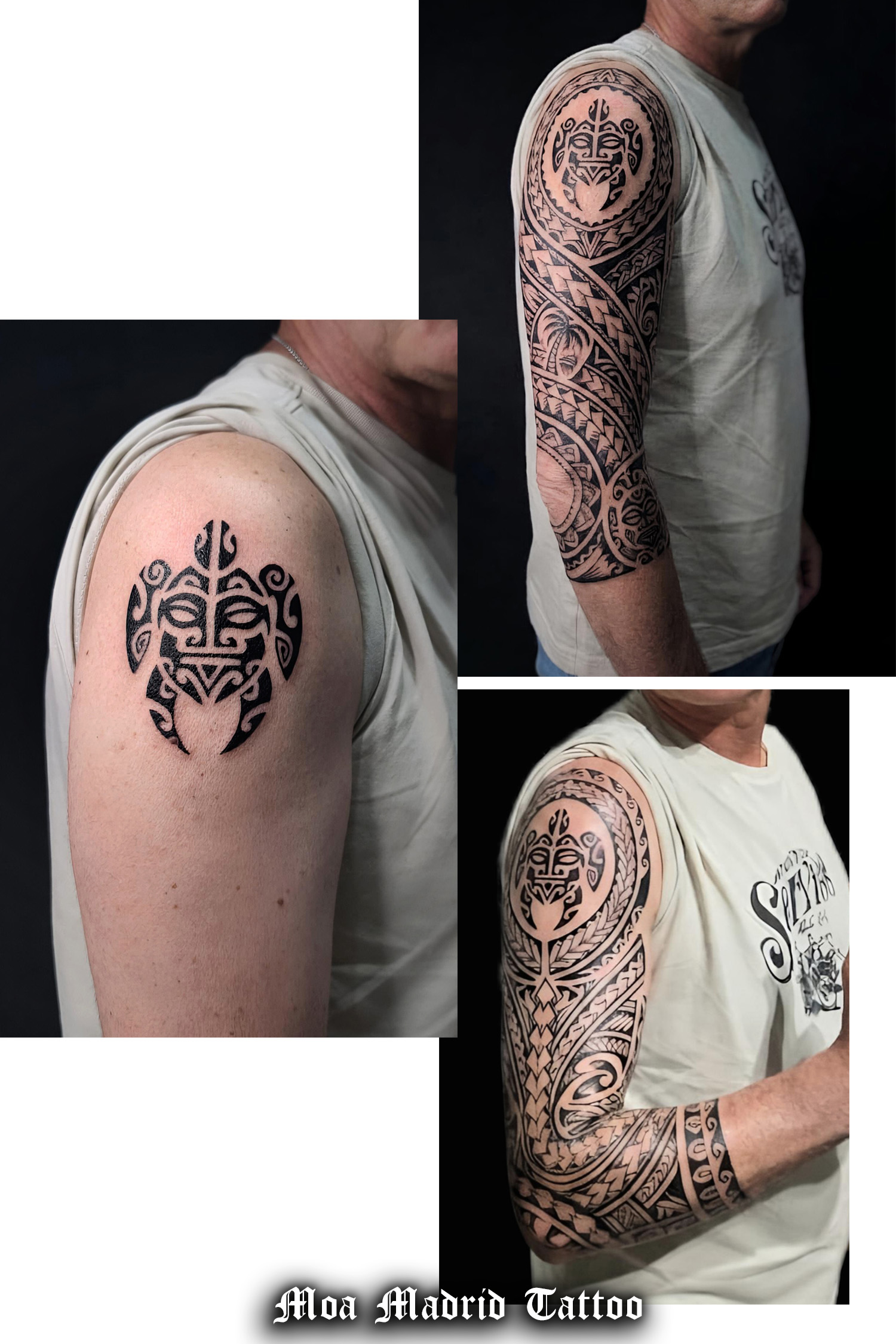 Tatuaje de tortuga maorí en el hombro y diseños para próximo proyecto de brazo entero