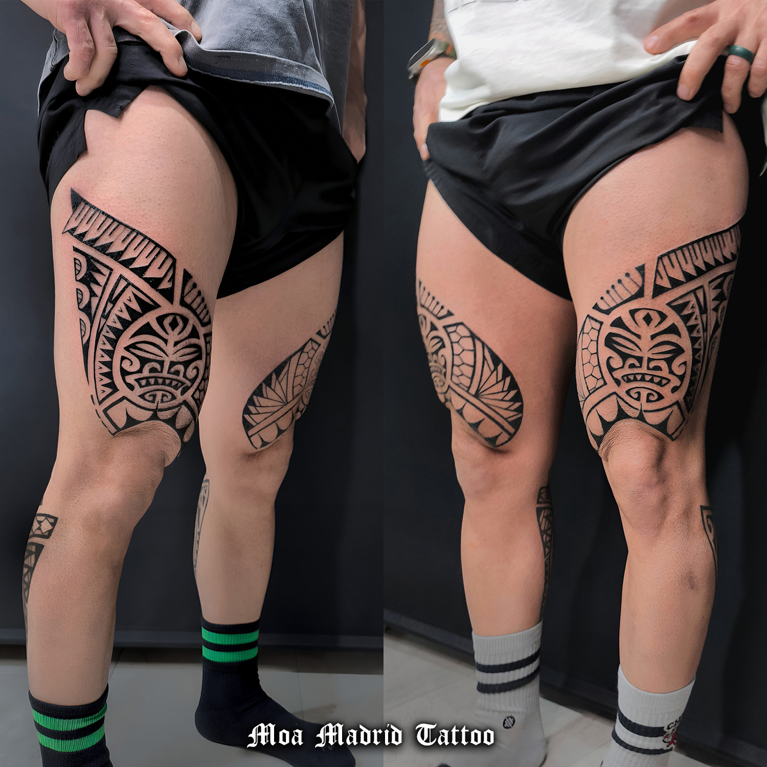 Dos tatuajes maorís en las piernas creados en Madrid